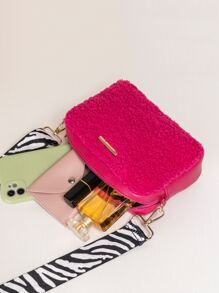 迷你螢光紅金屬細節毛茸茸方包 - 玫紅色 - 查看 5