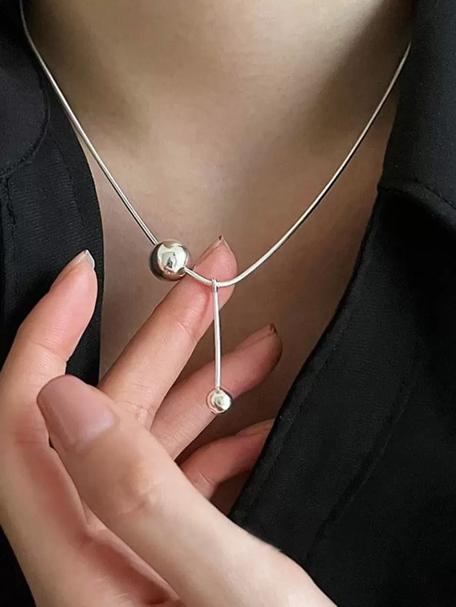 珠子裝飾Y字項鍊 - 銀色 - 查看 1
