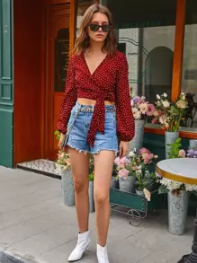 Chiquease Top corto avvolgente a pois per vestiti di Capodanno - Rosso - Visualizzare 3