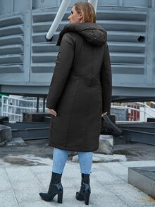 Astrid Plus Size Zip Up Pocket Side Hooded Padded Coat - Black - View 2