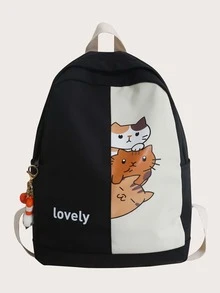 Cartoon Cat Graphic Backpack - Black - View 2