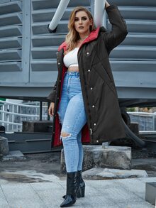 Astrid Plus Size Zip Up Pocket Side Hooded Padded Coat - Black - View 5