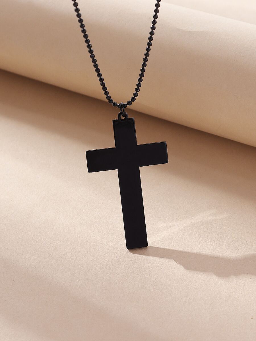 Cross Pendant Necklace - Black - View 1