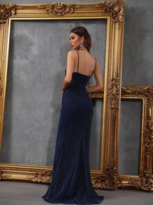 Shimmering Spaghetti Strap V-Neck Evening Gown With High Slit - Elegant Formal Dress For Galas, Weddings, Red Carpet Events, Sophisticated Parties Party Dress,Wedding Guest