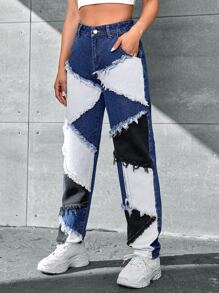 Colourblock Raw Trim Jeans - Multicolor - View 3