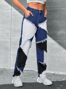 Colourblock Raw Trim Jeans - Multicolor - View 5