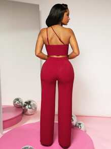 SHEIN SXY unicolor de un hombro Top corto & Pantalones de pierna ancha - Burdeos - Ver 2