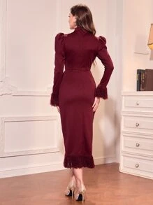 Modelyn Burgundy Red Fuzzy Trim Draped Side Asymmetrical Hem Dress - Burgundy - View 2
