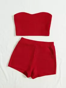 Soleia WYWH 度假罗纹红色针织抹胸和骑行短裤两件套 - 紅色 - 查看 4