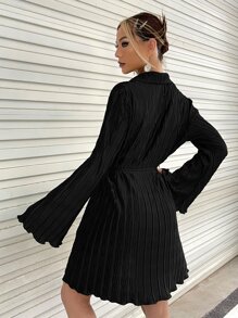 SHEIN ICON Đầm Thắt lưng Xếp li Nút phía trước màu trơn Giải trí - màu đen - Xem 2