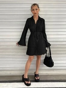 SHEIN ICON Đầm Thắt lưng Xếp li Nút phía trước màu trơn Giải trí - màu đen - Xem 3
