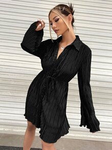 SHEIN ICON Đầm Thắt lưng Xếp li Nút phía trước màu trơn Giải trí - màu đen - Xem 5