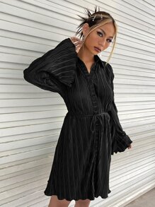 SHEIN ICON Đầm Thắt lưng Xếp li Nút phía trước màu trơn Giải trí - màu đen - Xem 6