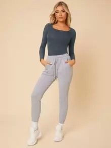 SHEIN PETITE Solid Scoop Neck Slim Tee - Dark Grey - View 3