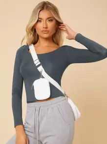 SHEIN PETITE Solid Scoop Neck Slim Tee - Dark Grey - View 5