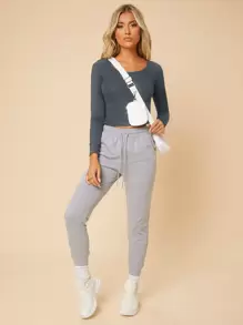 SHEIN PETITE Solid Scoop Neck Slim Tee - Dark Grey - View 6