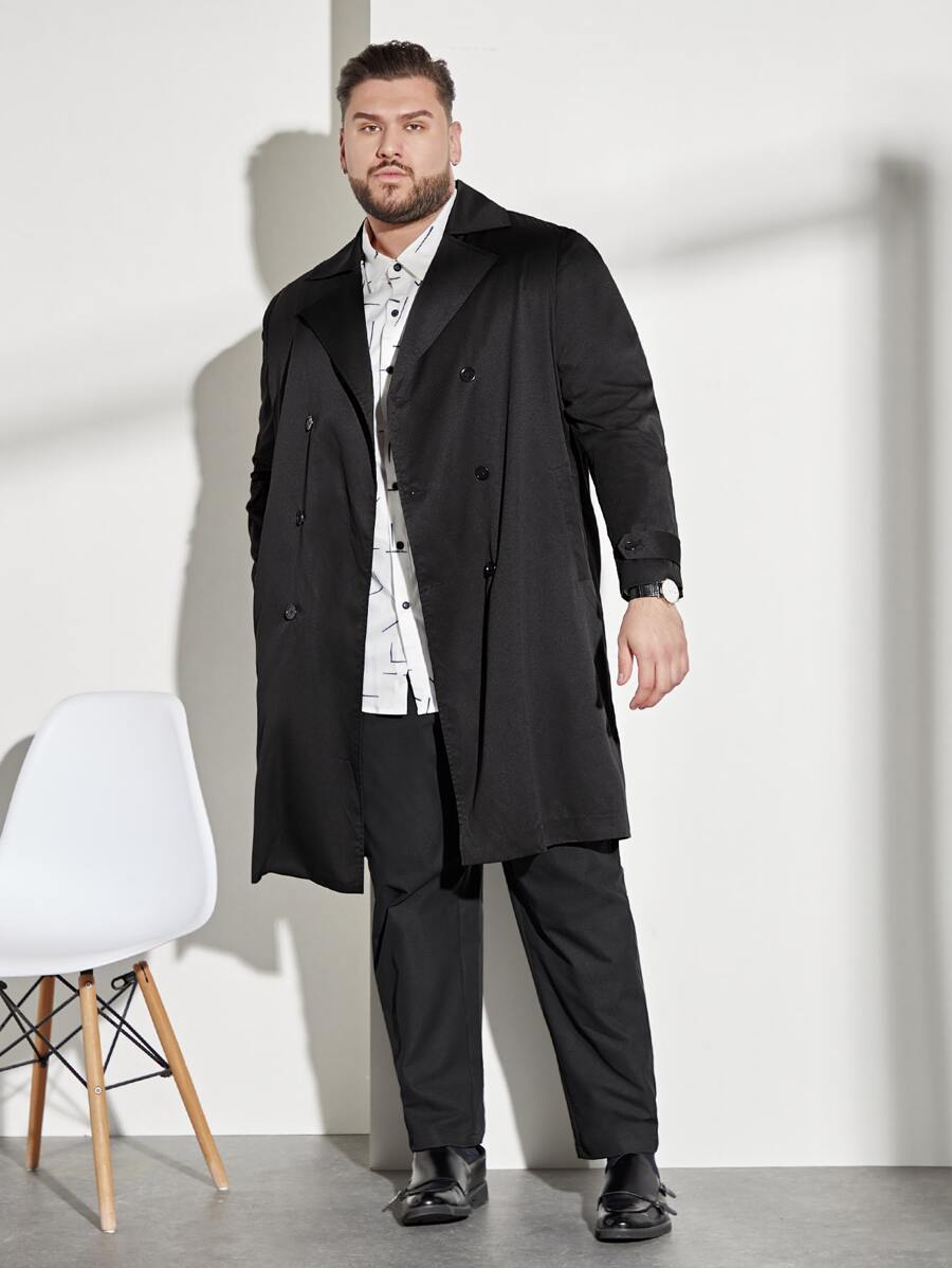 EASEVO Men Plus Lapel Neck Double Breasted Trench Coat - Black - View 1