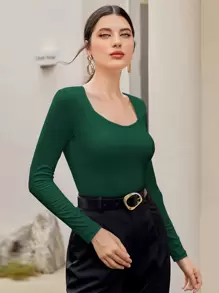 Modelyn Solid Sweetheart Neck Tee - Dark Green - View 5