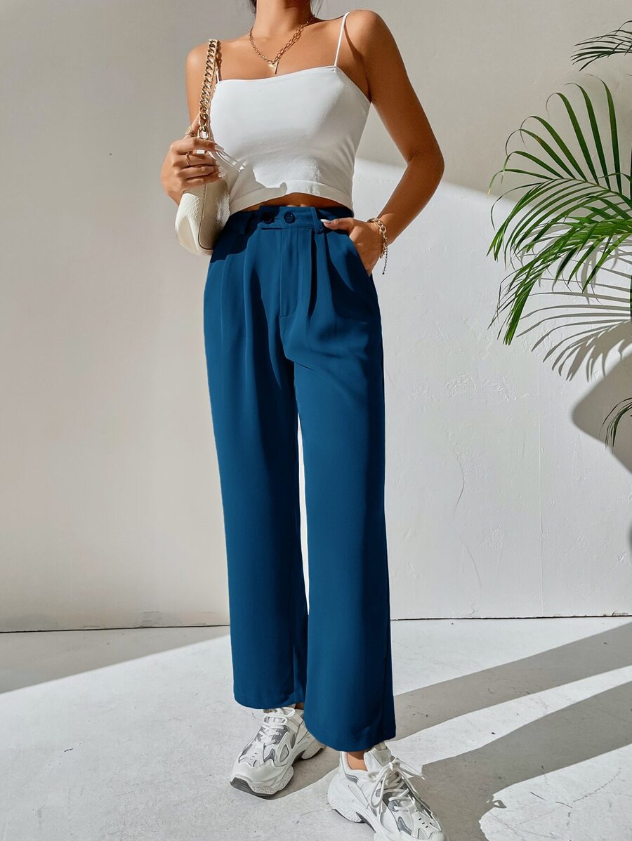 SHEIN PETITE High Waist Pocket Detail Trousers - Blue - View 1