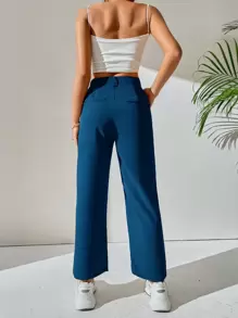 SHEIN PETITE High Waist Pocket Detail Trousers - Blue - View 2