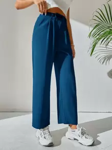 SHEIN PETITE High Waist Pocket Detail Trousers - Blue - View 5