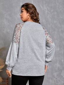 SHEIN Clasi Plus Contrast Lace Raglan Sleeve Sweatshirt - Light Grey - View 2