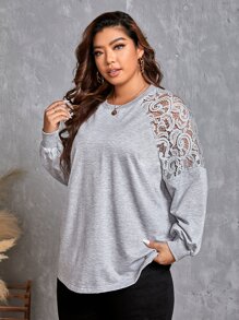 SHEIN Clasi Plus Contrast Lace Raglan Sleeve Sweatshirt - Light Grey - View 3