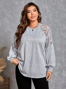 SHEIN Clasi Plus Contrast Lace Raglan Sleeve Sweatshirt - Light Grey - View 4