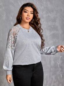 SHEIN Clasi Plus Contrast Lace Raglan Sleeve Sweatshirt - Light Grey - View 5