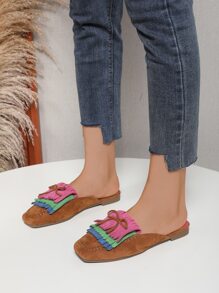 Faux Suede Bow & Fringe Decor Mules - Multicolor - View 1