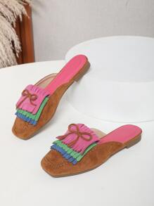 Faux Suede Bow & Fringe Decor Mules - Multicolor - View 3