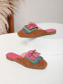 Faux Suede Bow & Fringe Decor Mules - Multicolor - View 4