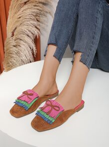 Faux Suede Bow & Fringe Decor Mules - Multicolor - View 5