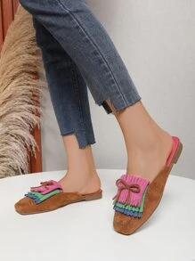 Faux Suede Bow & Fringe Decor Mules - Multicolor - View 6