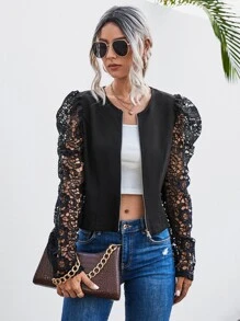 Contrast Lace Puff Sleeve Zip Up Jacket - Black - View 4