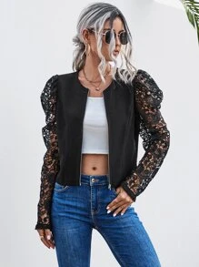 Contrast Lace Puff Sleeve Zip Up Jacket - Black - View 3