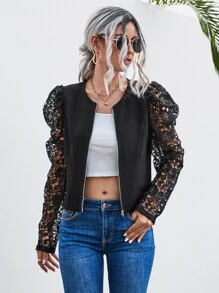 Contrast Lace Puff Sleeve Zip Up Jacket - Black - View 6