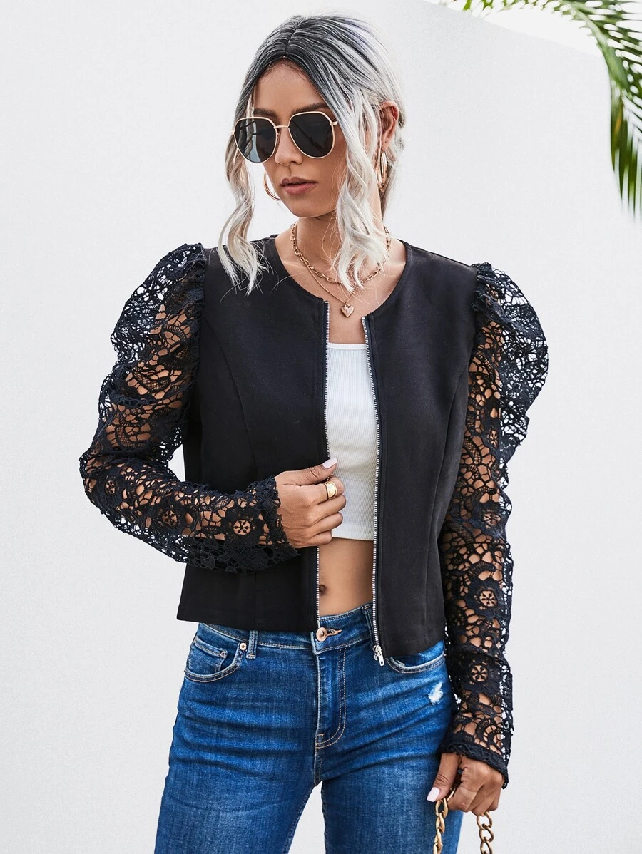 Contrast Lace Puff Sleeve Zip Up Jacket - Black - View 1