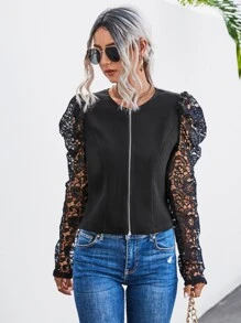Contrast Lace Puff Sleeve Zip Up Jacket - Black - View 2