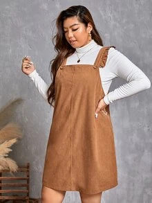 SHEIN Frenchy Vestido overol unicolor sisa con fruncido sin camiseta - Marrón - Ver 3