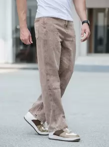 Hombres Jeans de pierna recta con bolsillo oblicuo - Marrón Mocha - Ver 3