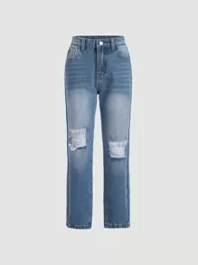 SHEIN Boys Ripped Straight Leg Jeans - Light Wash - View 1