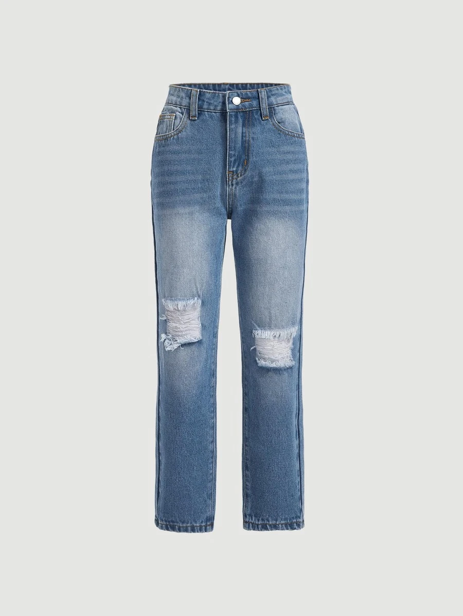 SHEIN Boys Ripped Straight Leg Jeans - Light Wash - View 1