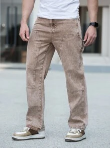 Hombres Jeans de pierna recta con bolsillo oblicuo - Marrón Mocha - Ver 4