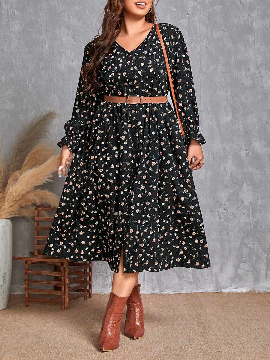 SHEIN Clasi Plus Ditsy Print Flounce Sleeve Split Thigh Dress Without Belt - Black - View 1