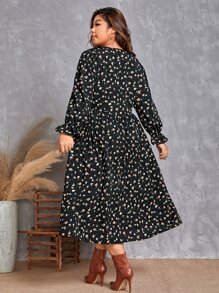 SHEIN Clasi Plus Ditsy Print Flounce Sleeve Split Thigh Dress Without Belt - Black - View 2