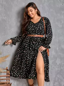 SHEIN Clasi Plus Ditsy Print Flounce Sleeve Split Thigh Dress Without Belt - Black - View 3