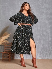 SHEIN Clasi Plus Ditsy Print Flounce Sleeve Split Thigh Dress Without Belt - Black - View 4