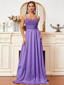 Missord Sequin Ruched Wrap Hem Cami Floor Dress - Violet Purple - View 1