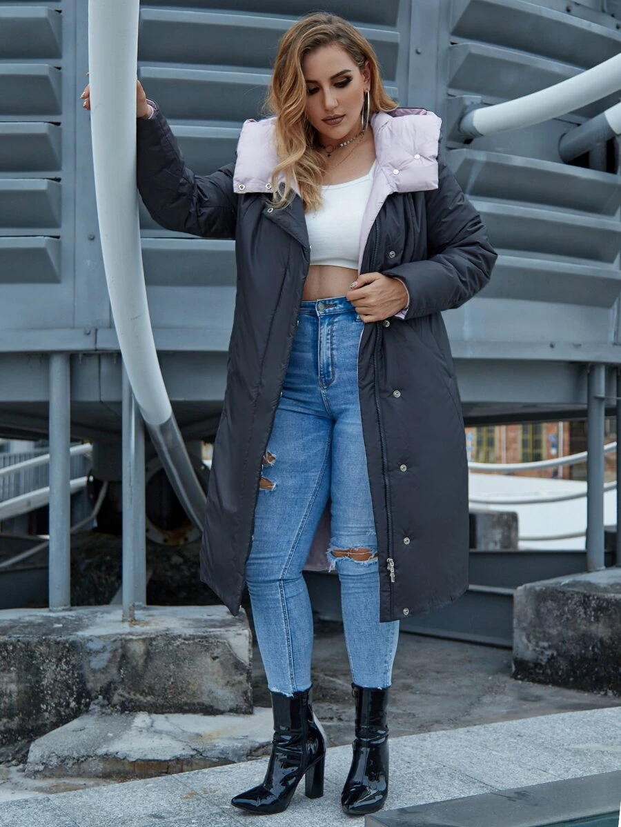 Astrid Plus Size Zip Up Pocket Side Hooded Padded Coat - Dark Grey - View 1